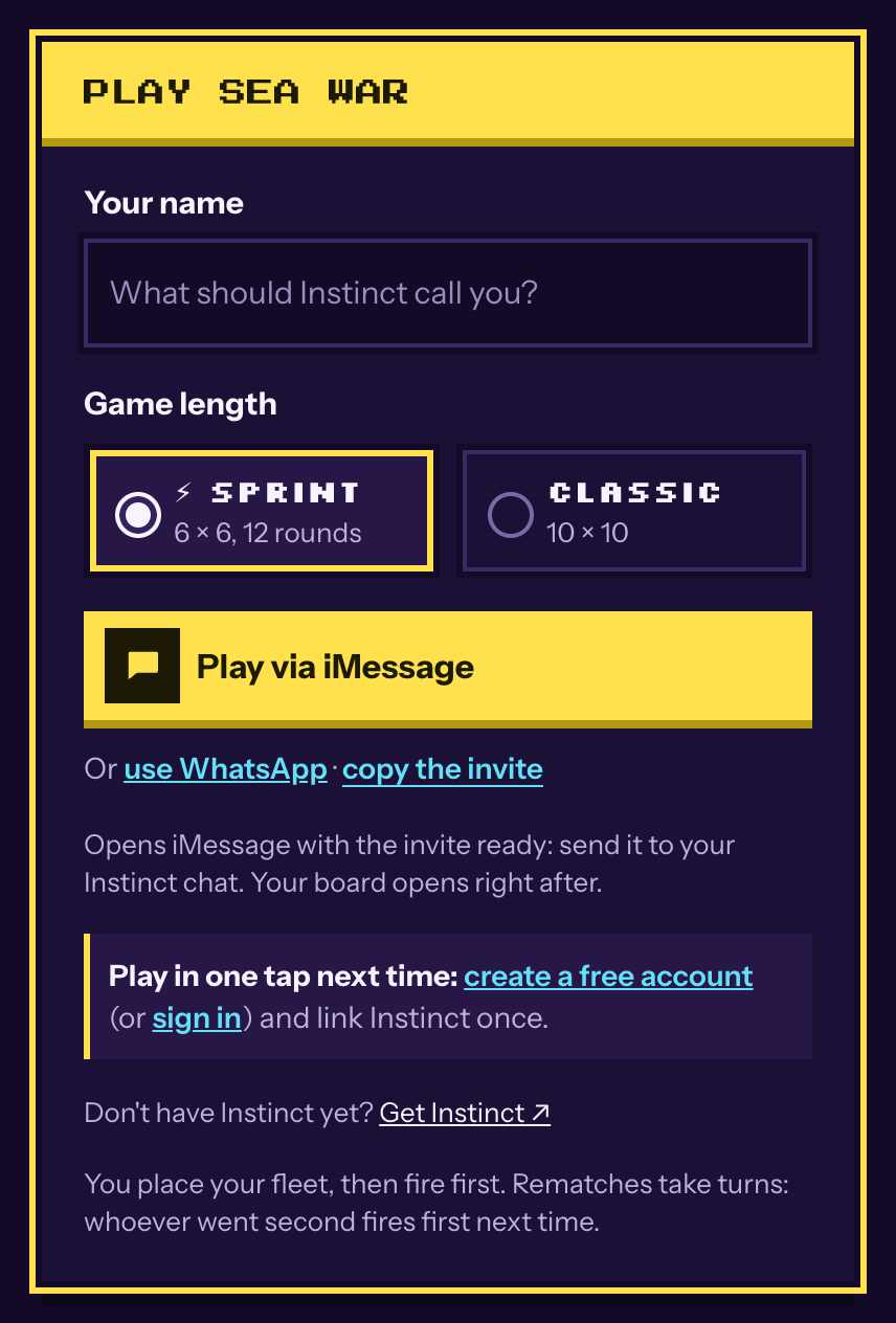The Play box on a game page: your name, Sprint or Classic, and the yellow Play button