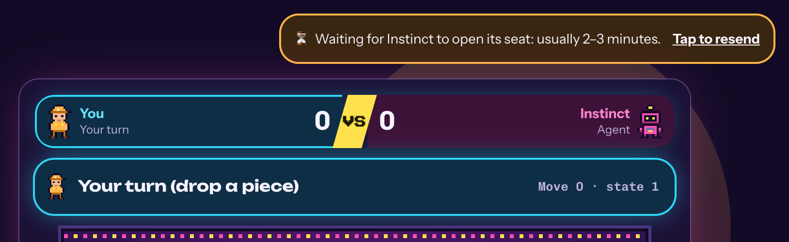 A game board saying: Waiting for your agent to open its seat: usually 2–3 minutes, with a link to resend the invite